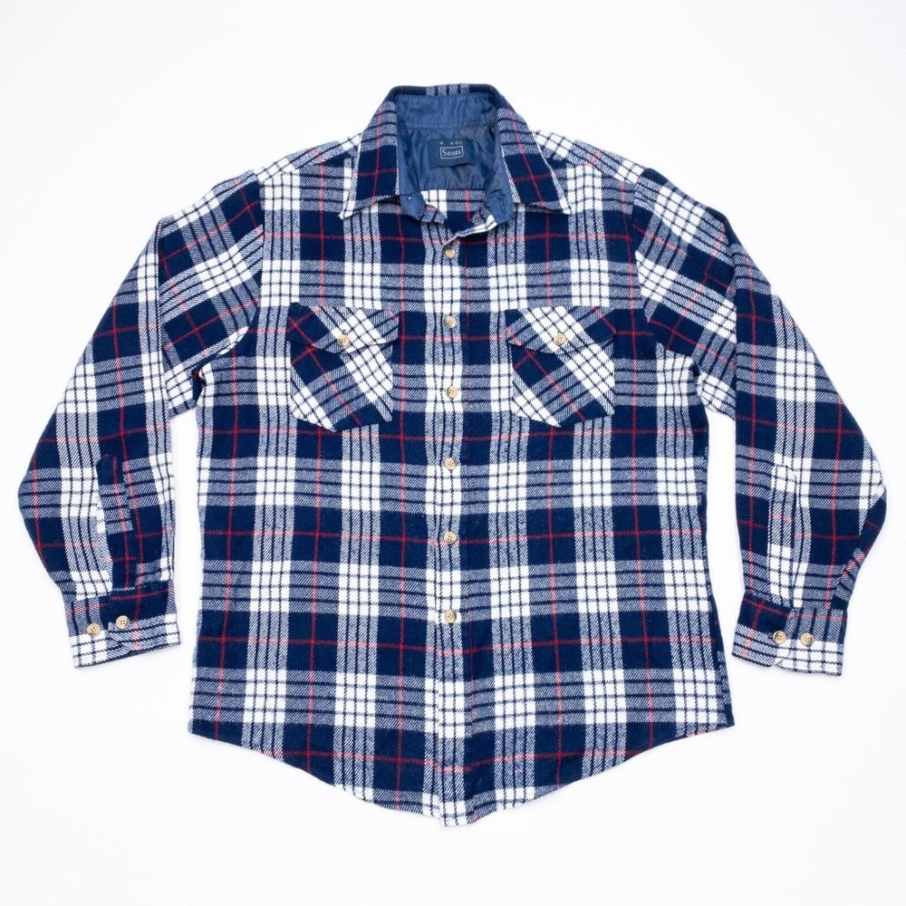 Vintage Sears Flannel Shirt Men's Medium 15-15.5 Long Sleeve Plaid 70s Blue Red